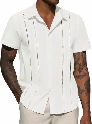 Vista 7 de Camisa de manga corta de lino para hombre de DEMEANOR, camisa guayabera cubana con botones, camisa casual de verano para la playa, la vacación