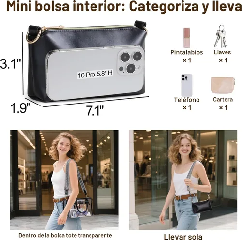 Vista 4 de PACKISM Bolso pequeño transparente para mujer, aprobado para estadios Negro