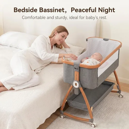 Vista 2 de Bedside Bassinet, Baby Rocking Crib with Adjustable Height, Grey