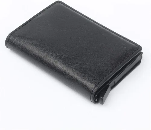 Vista 8 de CHJGLNL Cartera de cuero genuino para hombre bloqueo RFID de aluminio automático para tarjetas de crédito A-Negro Slim