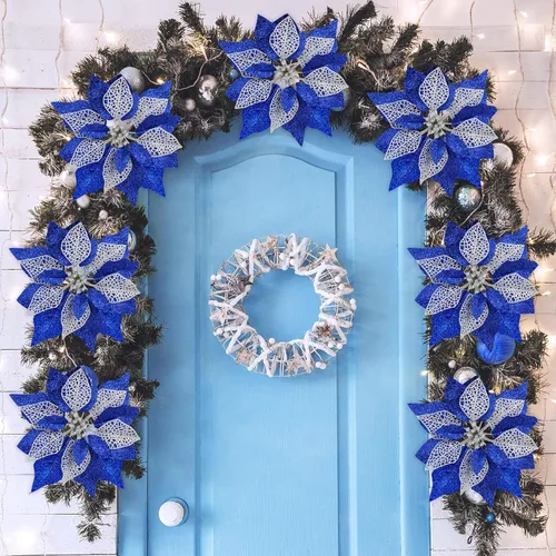 Vista 7 de Juego de 14 flores de Pascua de 8.7 pulgadas de ancho, 4 capas de flores de pascua con purpurina azul para árbol de Navidad, coronas, guirnaldas