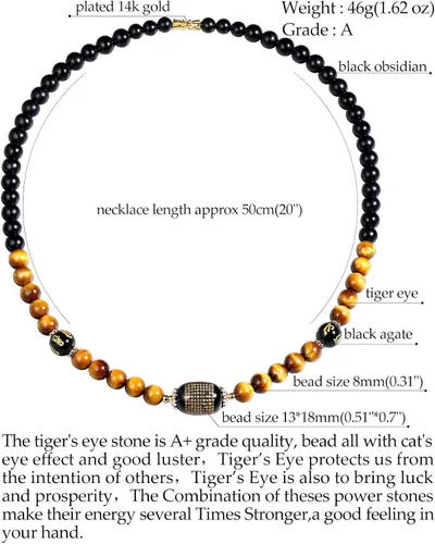 Vista 2 de Jewever Feng Shui - Collares de obsidiana negra con ojo de tigre para mujeres y hombres, collar de cristales curativos que trae buena suerte
