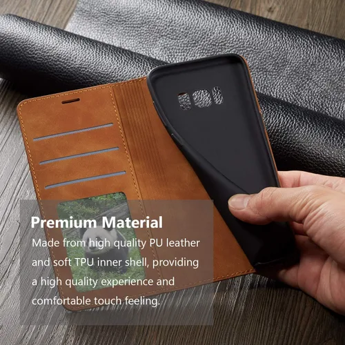 Vista 5 de QLTYPRI Funda para Samsung Galaxy S8, funda de piel sintética premium TPU parachoques con tarjetero Kickstand adsorción magnética oculta a prueba