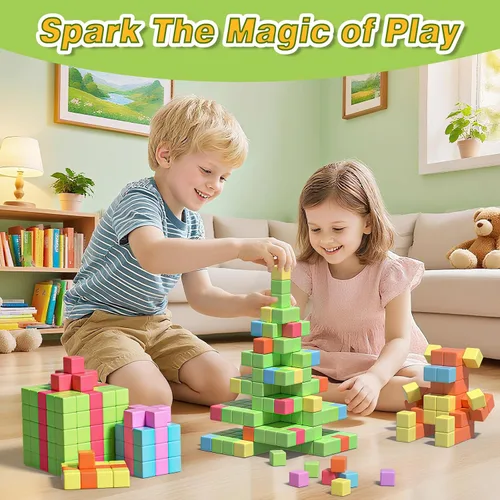 Vista 6 de Apluses Bloques magnéticos para niños, cubos de construcción magnéticos de juguete para educación sensorial STEM para autismo, educación preescolar