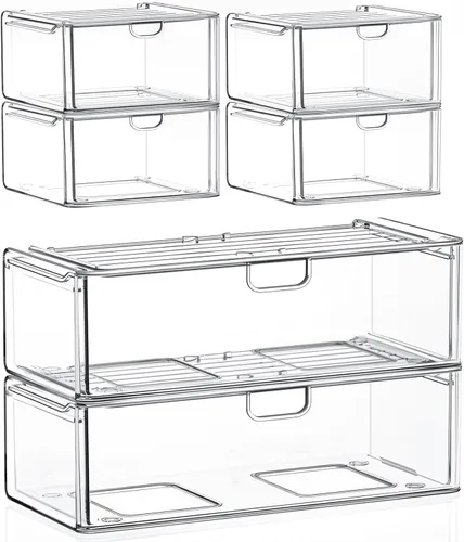 Vista 9 de caktraie Paquete de 6 pequeños cajones apilables para baño, organizador de maquillaje acrílico para baño, contenedores de almacenamiento de plástico