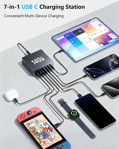 Vista 3 de Estación de carga USB C, estación de carga rápida GaN III de 7 puertos de 140 W, estación de carga USB PD 3.0 para múltiples dispositivos, estación