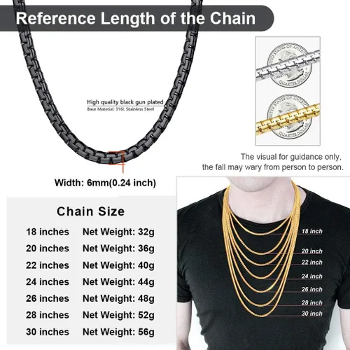 Vista 5 de ChainsPro 46mm Box Chain Necklace,14182224262830inch, 316L Stainless SteelGold PlatedBlack -Send Gift Box