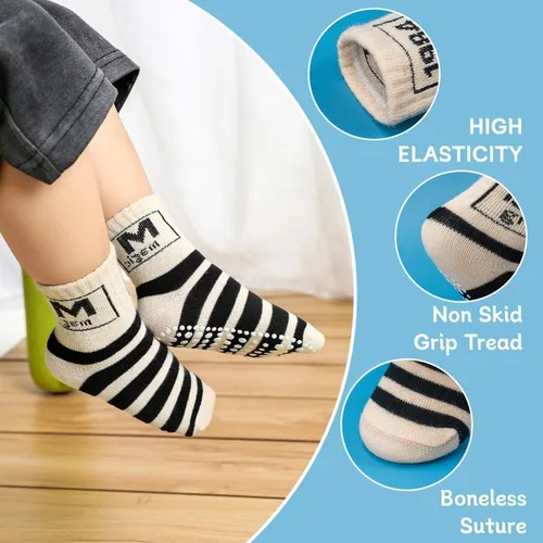 Vista 4 de Sosenfer Calcetines antideslizantes para niños pequeños con pinzas, 5-10 pares de calcetines antideslizantes para bebés de 1 a 7 años, hechos