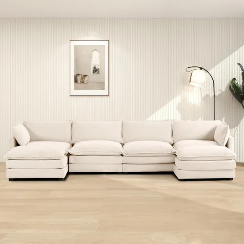 Vista 11 de ROWHY Sillón individual con otomano, sofá moderno de corduroy en forma de nube con chaise convertible, sofá tapizado para sala de estar, beige