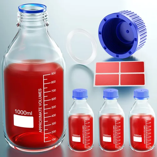 Vista 5 de GL25 - Botellas redondas de almacenamiento de medios de 0.8 fl oz con tapa de rosca azul GL25, anillo de vertido de PP y junta de silicona