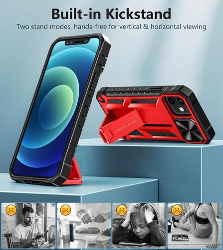 Vista 4 de FNTCASE Funda para iPhone 12: iPhone 12 Pro, protección a prueba de golpes de grado militar con soporte y carcasa de TPU resistente con textura mate