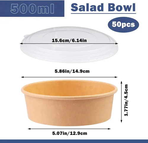 Vista 2 de 50 recipientes desechables de 17 onzas con tapas, cuencos de papel desechables de 16.9 fl oz con tapas transparentes, recipientes de alimentos