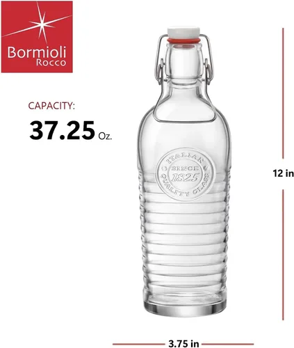 Vista 2 de Bormioli - Botella de agua Rocco Officina, 37.25 onzas, jarra de vidrio italiana, sello hermético y abrazadera de metal, asa fácil de transportar