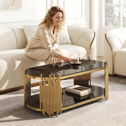 Vista 8 de Mesa de centro de cristal dorado de 2 niveles, moderna mesa de centro ovalada con estantes negros templados transparentes y marco de acero