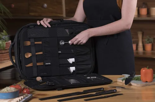 Vista 18 de Asaya Mochila para cuchillos de chef con bolsa enrollable de 20 bolsillos, más de 30 bolsillos para cuchillos, cuchillos no incluidos (marrón)