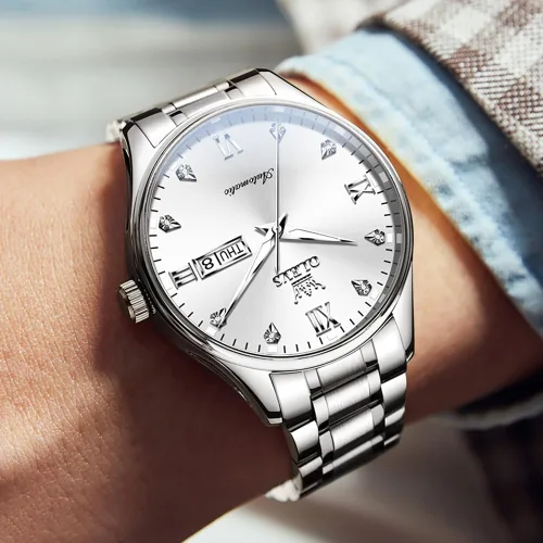 Vista 3 de OLEVS Relojes automáticos para hombre, con cuerda automática, calendario mecánico, resistente al agua, de acero inoxidable, luminoso, de lujo