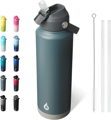 Vista 10 de BJPKPK - Botella de agua aislada con tapa de popote, 532 ml Botellas termo con boquilla suave, asa flexible y base antideslizante, libre de BPA, a