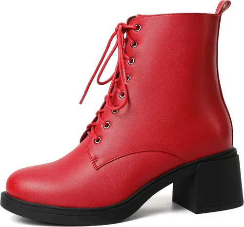 Vista 85 de ROSERWISH Botas altas de tacón bajo y grueso para mujer, con cordones, cómodas, modernas, con puntera redonda, de 2.5 pulgadas