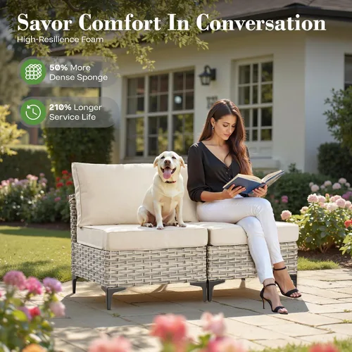 Vista 2 de ovios Muebles de patio de 8 piezas con hoguera, juego de conversación de mimbre de ratán para exteriores con mesa de centro brillante, cómodo sofá