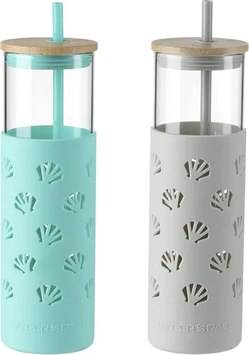 Vista 5 de Hyperspace Botella de agua de vidrio de 20 onzas con funda protectora de silicona y tapa de bambú, vasos de viaje con pajita, sin BPA