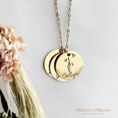 Vista 3 de MignonandMignon Regalo personalizado de oro para ella, collar de flores de nacimiento, collar con nombre, joyería de flores, ramo floral, regalo