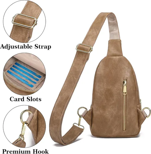 Vista 4 de Bolso cruzado pequeño, riñonera para mujeres y hombres, bolso bandolera de cuero para regalos, Estilo 5, color caqui.