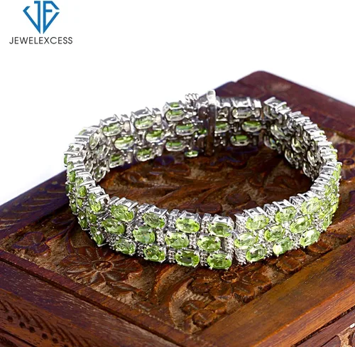 Vista 4 de JEWELEXCESS Pulsera de peridoto para mujer Genuina, joyería de peridoto verde de tres filas Pulseras de plata de ley 925 Pulsera de piedra natal
