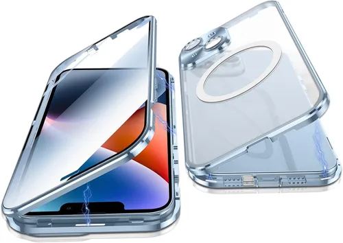 Vista 10 de Funda para iPhone 14, protección de doble cara de 360 grados, compatible con Magsafe de absorción magnética, parachoques de metal frontal de vidrio
