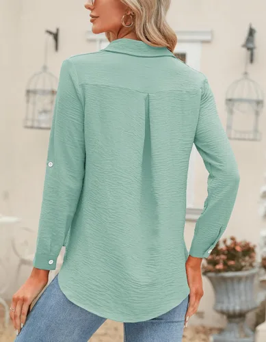 Vista 37 de Odosalii - Camisas con botones para mujer, con cuello en V, manga larga, enrolladas, blusas elegantes y formales para negocios y ocasiones casuales