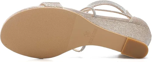 Vista 8 de DADAWEN Sandalias de cuña baja con diamantes de imitación y punta abierta para mujer, con correa en el tobillo, zapatos de tacón para fiesta o boda