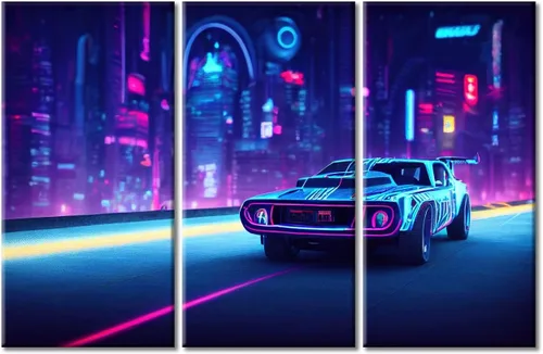 Vista 28 de Arte de pared de 3 piezas de escena de ciencia ficción de la calle comercial futurista paisaje urbano, decoración de pared para dormitorio