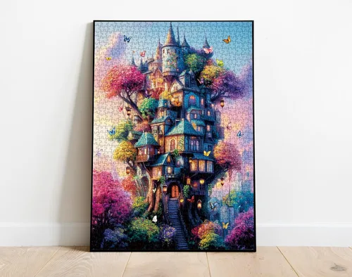 Vista 8 de Rompecabezas de 1000 piezas de casa del árbol de mariposa para adultos, rompecabezas de fantasía, colorido árbol de casa de plantas