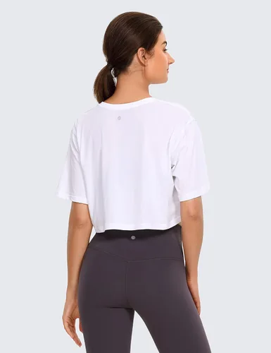 Vista 2 de CRZ YOGA - Camiseta corta para mujer, de algodón Pima, ombliguera de manga corta para entrenamiento y yoga, de estilo informal, camiseta deportiva