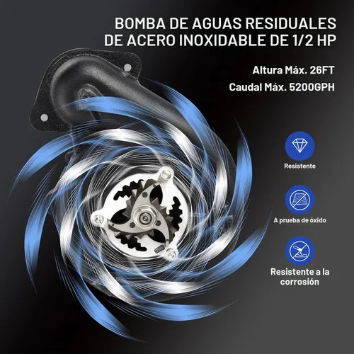 Vista 5 de Bomba de efluente sumergible resistente, carcasa de acero inoxidable, cable de alimentación de 10 pies, impulsor centrífugo que no se obstruye
