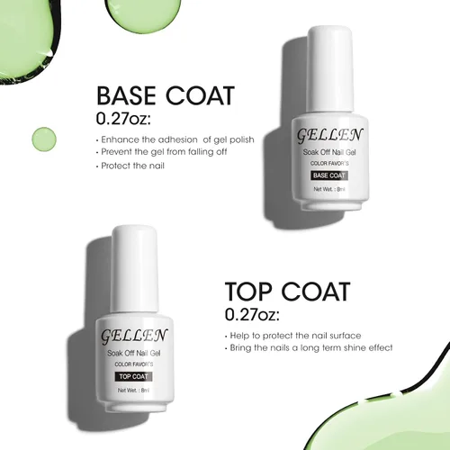 Vista 2 de Gellen Top Coat y Base Coat para Gel Polish - Acabado Shine de larga duración, 8ml cada botella Capa superior y base transparente