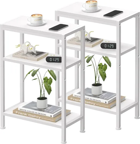 Vista 15 de Mesa auxiliar estrecha para espacios pequeños, mesa auxiliar delgada de 2 niveles, mesita de noche delgada, mesa de sofá delgada para aperitivos