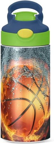 Vista 2 de Nander Botella de agua aislada para niños de 14 onzas, pelota de baloncesto, doble pared al vacío, acero inoxidable, boca ancha, botella de bebidas