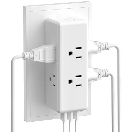Vista 8 de Extensor de salida de pared plana con puertos de carga USB, tira de alimentación giratoria de 180°, 2 puertos USB, enchufe plegable de 2 clavijas
