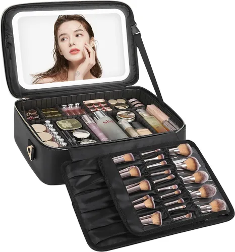 Vista 13 de Relavel Estuche de maquillaje con espejo LED, 01-Negro, Bolsa de maquillaje de viaje con espejo LED para niñas Compact Cosmetic Makeup Organizer