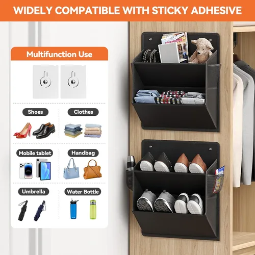 Vista 4 de Paquete de 2 Organizadores de Zapatos para RV con Cinta Adhesiva, Zapatero Colgante para Puerta, Organizador de Zapatos para Colgar en la Pared