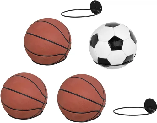Vista 7 de MyGift Almacenamiento de bolas deportivas de metal negro montado en la pared, estante de exhibición redondo de 7 pulgadas para pelota de fútbol