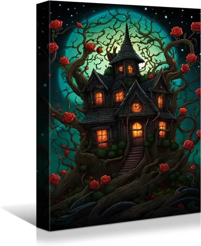 Vista 18 de Wewejia -Lienzo de Halloween pintura de pared de máscara de Halloween rojo/azul fantasma imagen póster impresiones de Halloween arte de pared