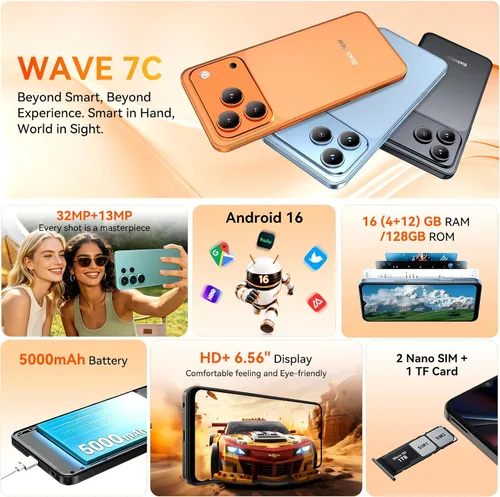 Vista 2 de Blackview Wave 7C Unlocked Android 16 4G Cell Phone, 128GB, Dual SIM,Orange