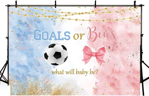Vista 3 de MEHOFOND Fondo de fútbol de 7 x 5 pies para revelación de género, goles o lazos, decoraciones de fiesta de baby shower de fútbol, pancarta de niño