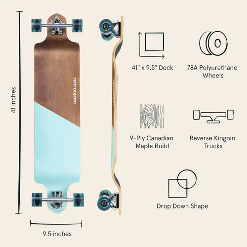 Vista 2 de Retrospec Tidal Drop Down Longboard - 41" Extra Wide Stable Deck, 9-Ply Canadian Maple, ABEC-9 Bearings, 85A PU Wheels, Reverse Kingpin Trucks for