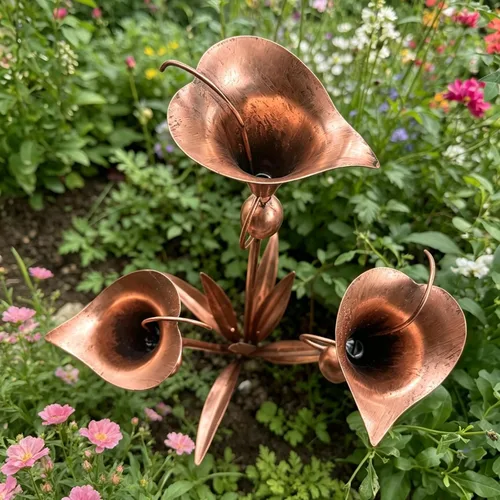 Vista 5 de Benks Flamed Copper Three Calla Lilies Garden Stake with Bells & 24" H