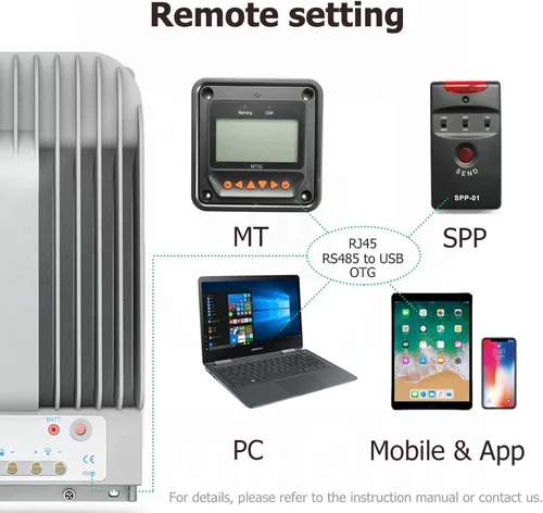 Vista 3 de EPEVER Controlador de carga solar MPPT 20A 12/24VDC Identificación automática del voltaje del sistema con medidor remoto MT50 y sensor