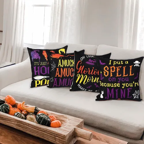 Vista 6 de 4 fundas de almohada de Halloween de Hocus Pocus, 18 x 18: Sanderson Sisters para decoración del hogar, fundas de cojín decorativas para sofá