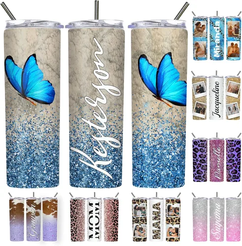 Vista 20 de Vaso delgado personalizado con purpurina con tapas y popotes, nombres, vasos de acero inoxidable personalizados con imagen para mujeres, hombres