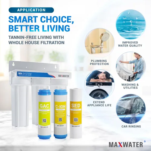 Vista 5 de Max Water Sistema de filtración de agua estándar de 3 etapas de ablandamiento de agua de 10 pulgadas para toda la casa – Sedimento + resina